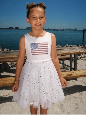 Lola + The Boys White Tulle Dress with Red, Blue & Gold Flag Accent